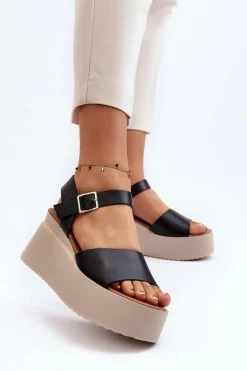 Damskie Sandały Na Koturnie Czarne Geferia