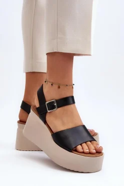 Damskie Sandały Na Koturnie Czarne Geferia