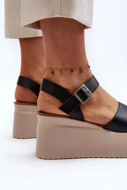 Damskie Sandały Na Koturnie Czarne Geferia