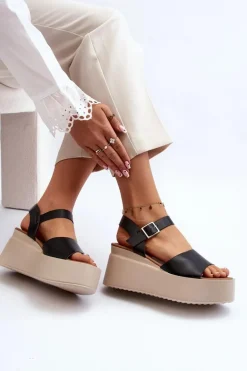 Damskie Sandały Na Koturnie Czarne Geferia