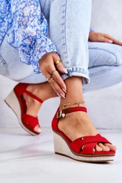 Damskie Sandały Na Koturnie Czerwone Veenus