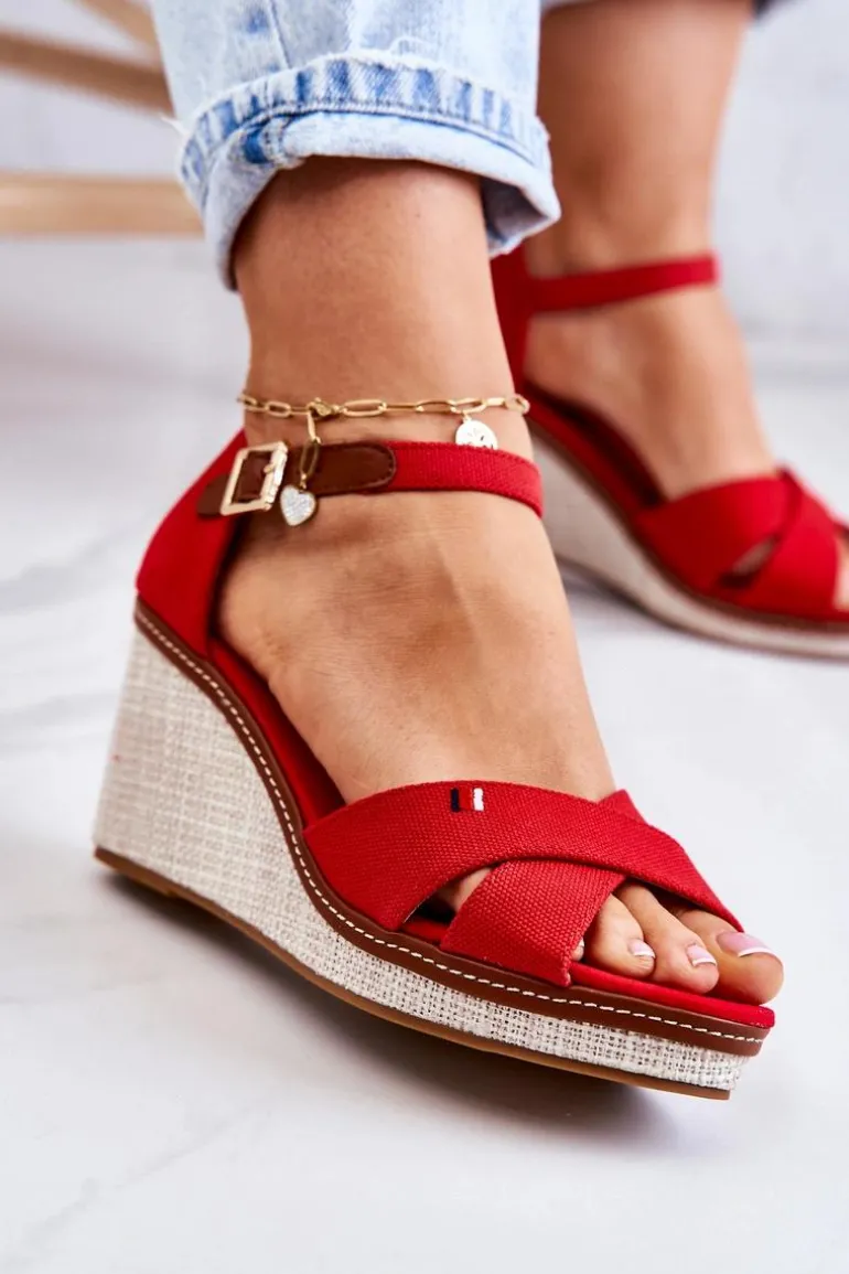 Damskie Sandały Na Koturnie Czerwone Veenus