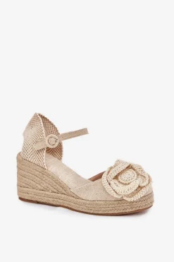 Damskie Sandały Na Koturnie Z Plecionką I Szydełkowym Kwiatem Beżowe Ismilea
