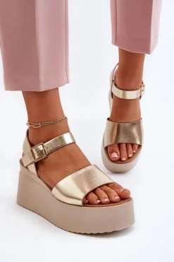 Damskie Sandały Na Koturnie Złote Geferia