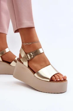 Damskie Sandały Na Koturnie Złote Geferia