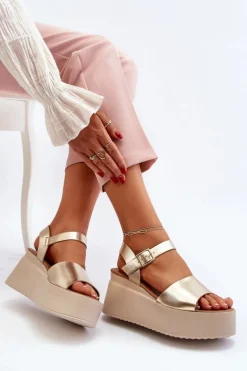 Damskie Sandały Na Koturnie Złote Geferia