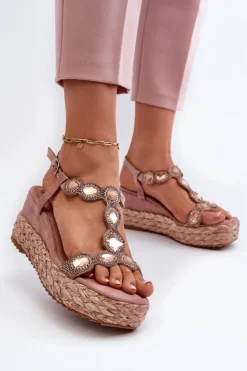 Damskie Sandały Na Koturnie Z Plecionką S.Barski MY291 Różowe