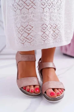 Damskie Sandały na Koturnie Różowe Złoto Gerdro