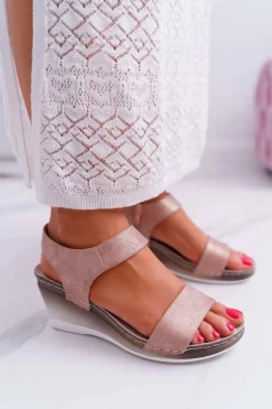 Damskie Sandały na Koturnie Różowe Złoto Gerdro