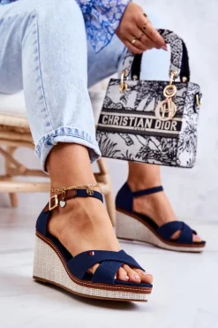 Damskie Sandały Na Koturnie Granatowe Veenus