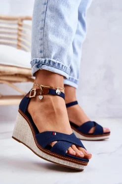 Damskie Sandały Na Koturnie Granatowe Veenus