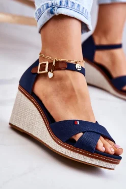 Damskie Sandały Na Koturnie Granatowe Veenus
