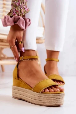 Damskie Sandały Na Koturnie Z Cyrkoniami Żółte Linette