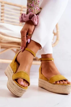 Damskie Sandały Na Koturnie Z Cyrkoniami Żółte Linette