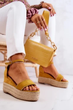 Damskie Sandały Na Koturnie Z Cyrkoniami Żółte Linette