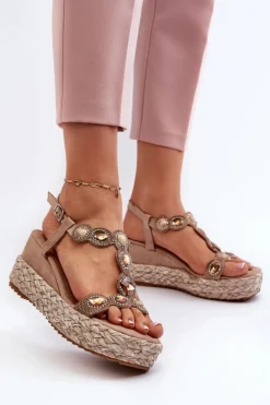 Damskie Sandały Na Koturnie Z Plecionką S.Barski MY291 Beżowe