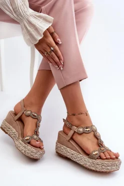Damskie Sandały Na Koturnie Z Plecionką S.Barski MY291 Beżowe