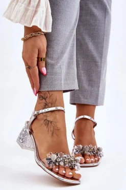 Damskie Sandały Na Niskim Obcasie Z Ozdobami Srebrne Benicio