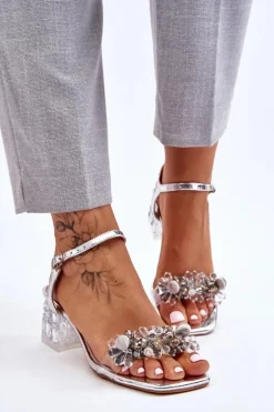 Damskie Sandały Na Niskim Obcasie Z Ozdobami Srebrne Benicio