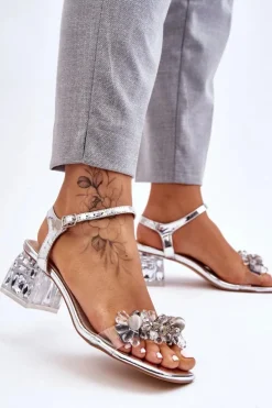 Damskie Sandały Na Niskim Obcasie Z Ozdobami Srebrne Benicio