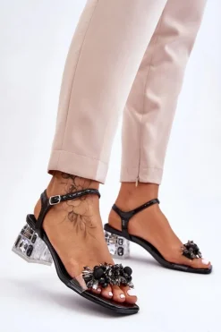 Damskie Sandały Na Niskim Obcasie Z Ozdobami Czarne Benicio