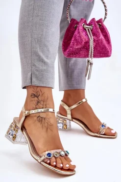 Damskie Sandały Na Obcasie Z Kryształkami Złote Esma