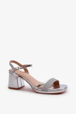 Damskie Sandały Na Obcasie Z Błyszczącym Paskiem Srebrne Tessata