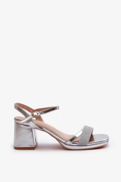 Damskie Sandały Na Obcasie Z Błyszczącym Paskiem Srebrne Tessata