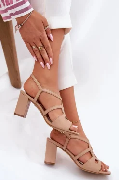 Damskie Sandały Na Obcasie Słupku Sergio Leone SK884 Beżowe