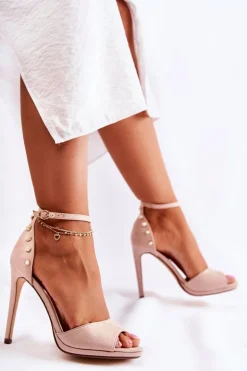 Damskie Sandały Na Obcasie Ze Zdobieniami Beżowe Livorno