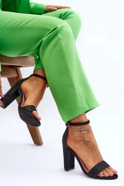 Damskie Sandały Na Obcasie Z Cyrkoniami Czarne Idealistic