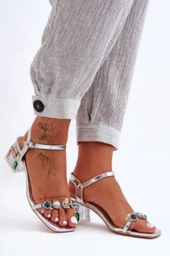 Damskie Sandały Na Obcasie Z Kryształkami Srebrne S.Barski MR1037-01