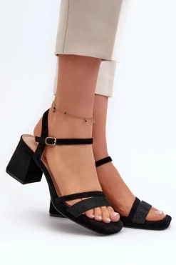 Damskie Sandały Na Obcasie Z Błyszczącym Paskiem Czarne Tessata