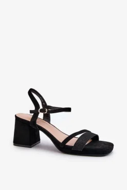 Damskie Sandały Na Obcasie Z Błyszczącym Paskiem Czarne Tessata