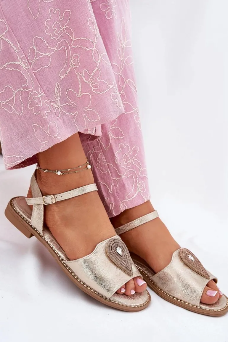 Damskie Sandały Na Płaskim Obcasie Z Ozdobą S.Barski KV51-098 Złote