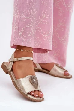 Damskie Sandały Na Płaskim Obcasie Z Ozdobą S.Barski KV51-098 Złote