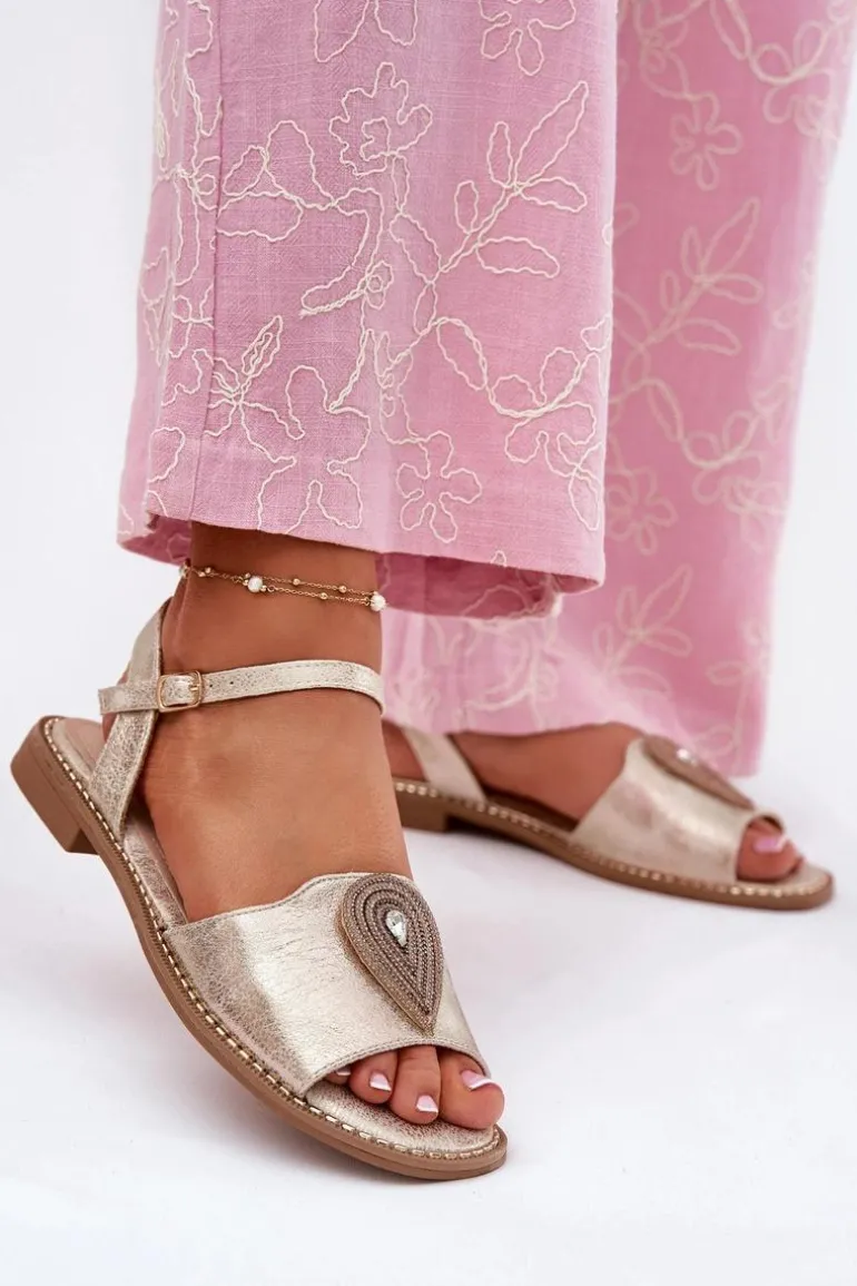 Damskie Sandały Na Płaskim Obcasie Z Ozdobą S.Barski KV51-098 Złote