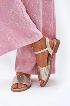 Damskie Sandały Na Płaskim Obcasie Z Ozdobą S.Barski KV51-098 Złote