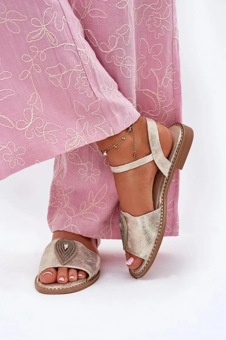 Damskie Sandały Na Płaskim Obcasie Z Ozdobą S.Barski KV51-098 Złote