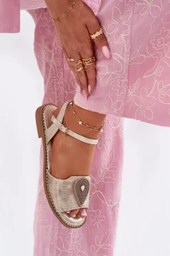 Damskie Sandały Na Płaskim Obcasie Z Ozdobą S.Barski KV51-098 Złote