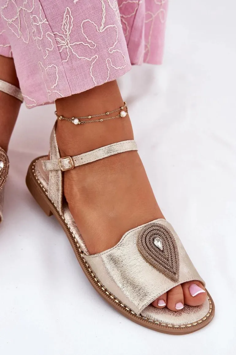 Damskie Sandały Na Płaskim Obcasie Z Ozdobą S.Barski KV51-098 Złote