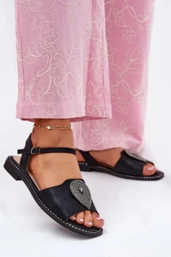 Damskie Sandały Na Płaskim Obcasie Z Ozdobą S.Barski KV51-098 Czarne