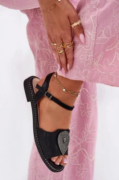 Damskie Sandały Na Płaskim Obcasie Z Ozdobą S.Barski KV51-098 Czarne