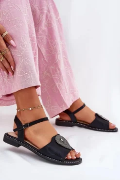 Damskie Sandały Na Płaskim Obcasie Z Ozdobą S.Barski KV51-098 Czarne