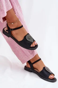 Damskie Sandały Na Płaskim Obcasie Z Ozdobą S.Barski KV51-098 Czarne