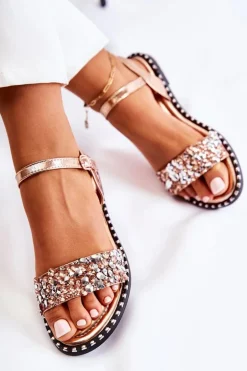 Damskie Sandały Na Płaskim Obcasie Z Ćwiekami Różowe Złoto Francesca