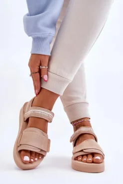 Damskie Sandały Na Rzepy Big Star LL274787 Beżowe