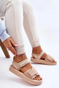 Damskie Sandały Na Rzepy Big Star LL274787 Beżowe