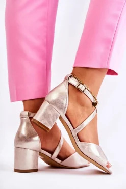 Damskie Sandały Na Słupku Sergio Leone SK825 Złote Satynowe