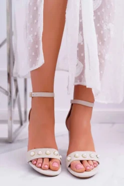 Damskie Sandały Na Słupku Z Perełkami Beżowe Renes